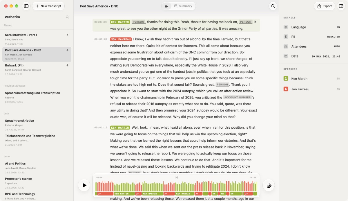 Verbatim on macOS: the same transcript with names and account numbers redacted as PERSON and ACCOUNT NUMBER